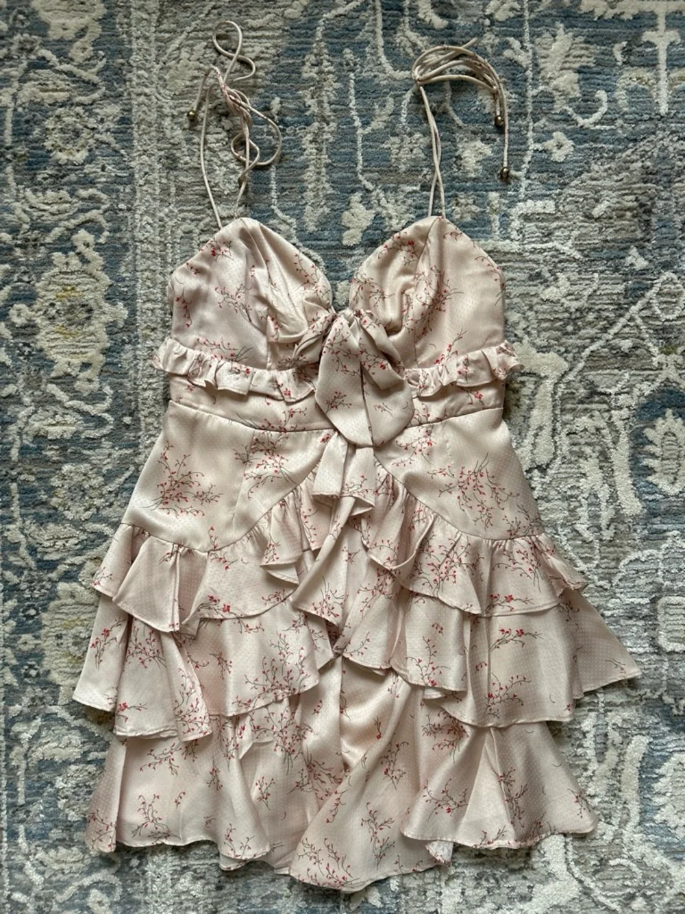Hello Molly Champagne Pink Floral Ruffle Mini Dress with Bow Detail - Picture 2 of 4